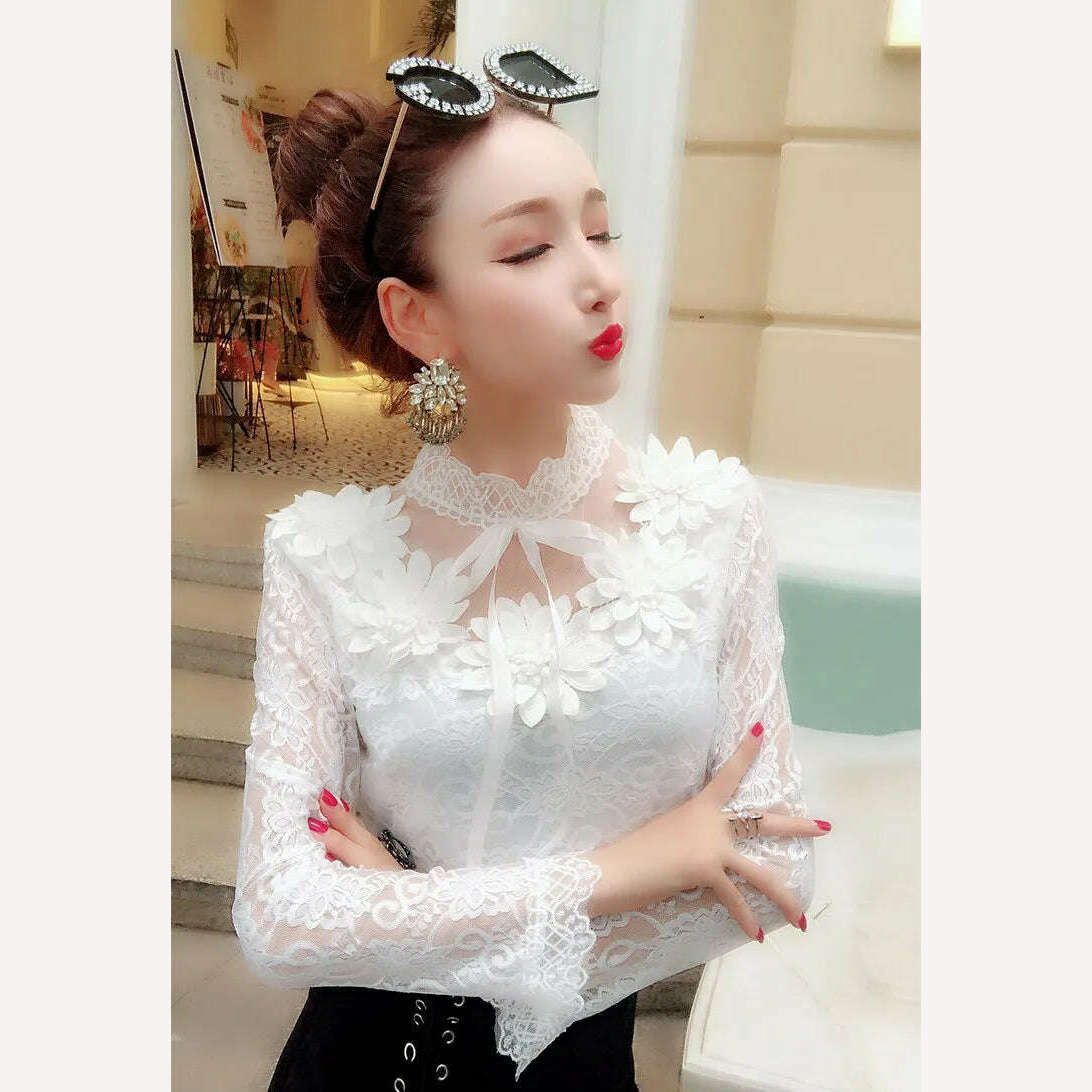 2018 Spring Autumn Women Long Sleeve Blouse Sweet Floral Hollow Lace Shirt Female Bow Mesh Blouses Short Bottoming Tops AB1138 - Image 5