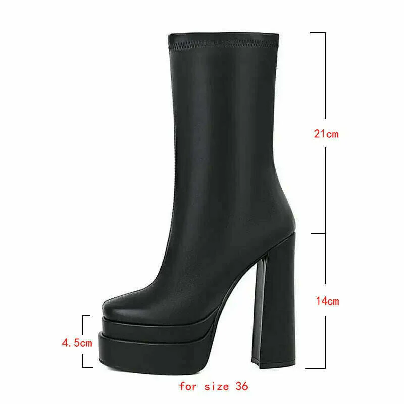 2021 Women Ankle Boots Platform Thick High Heel Ladies Motorcycle Boots Patent PU Leather Zipper Square Toe Women's Boots Black - Image 6