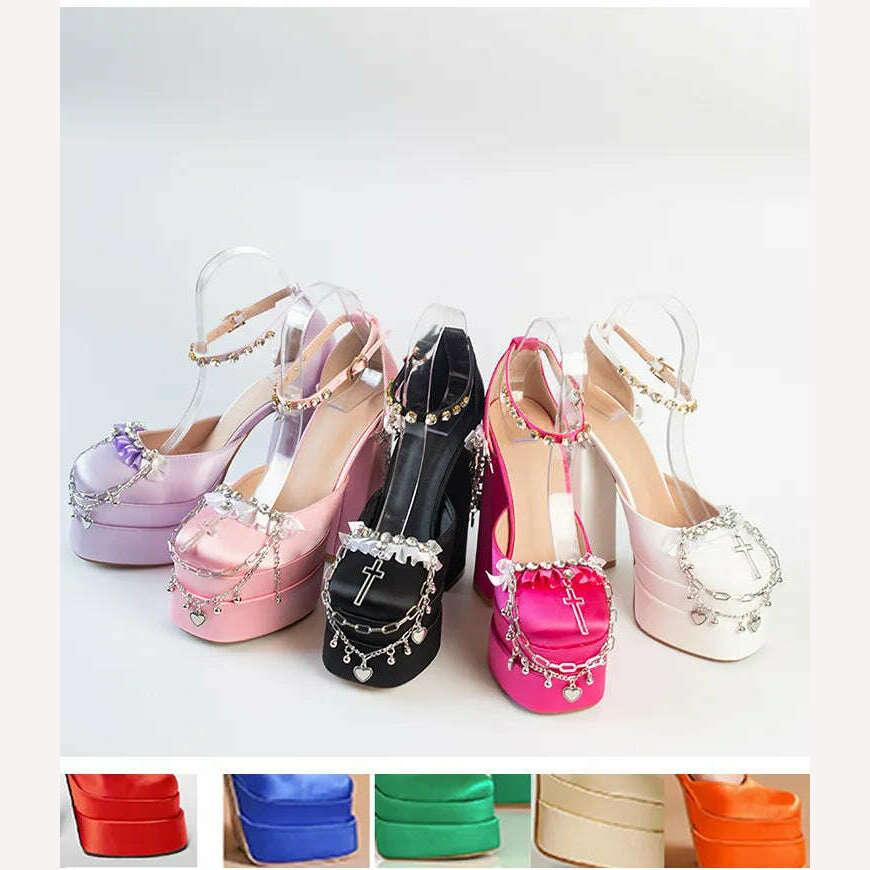 2022 Newest Metal Chain Purple Sandals 15cm High Heel Fashion Lolita Crystal Cross Lace Satin Princess Girls Shoes Size 35-42 - Image 10