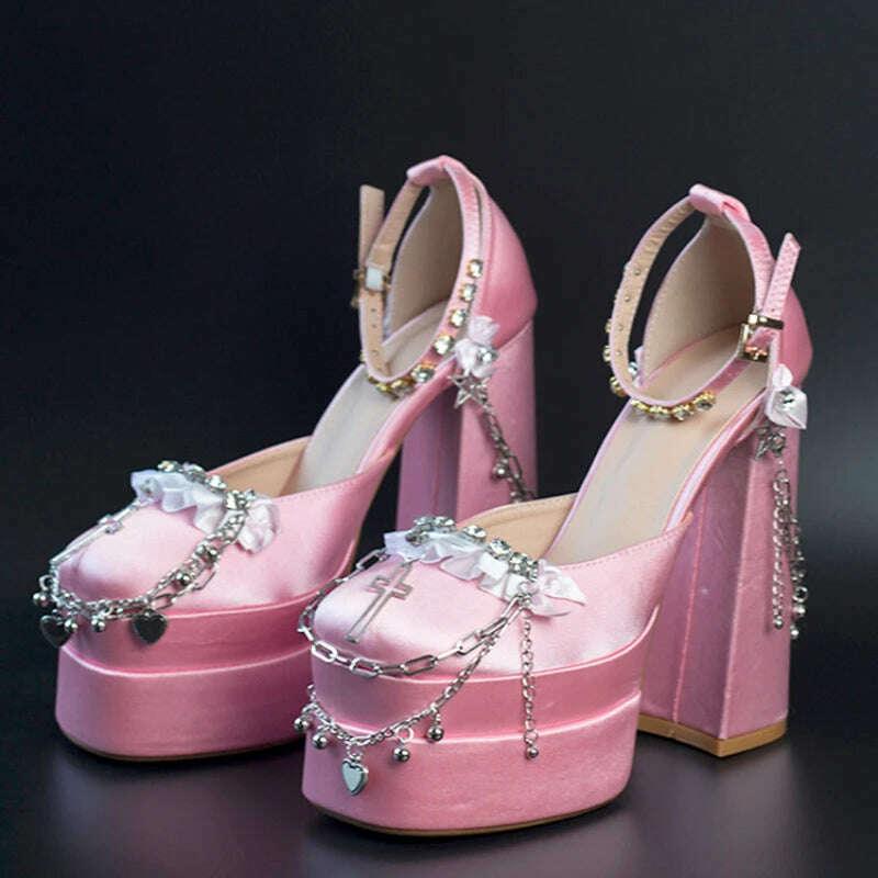 2022 Newest Metal Chain Purple Sandals 15cm High Heel Fashion Lolita Crystal Cross Lace Satin Princess Girls Shoes Size 35-42 - Image 3