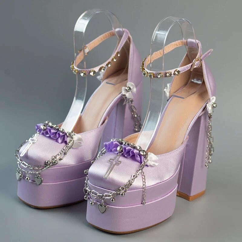 2022 Newest Metal Chain Purple Sandals 15cm High Heel Fashion Lolita Crystal Cross Lace Satin Princess Girls Shoes Size 35-42 - Image 5