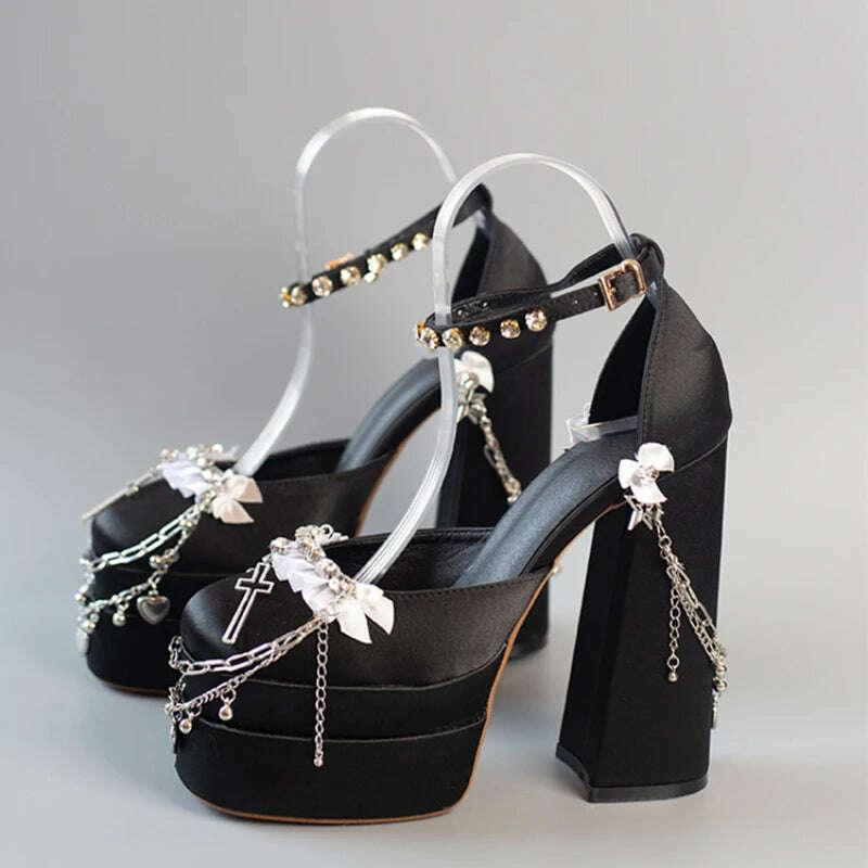 2022 Newest Metal Chain Purple Sandals 15cm High Heel Fashion Lolita Crystal Cross Lace Satin Princess Girls Shoes Size 35-42 - Image 6