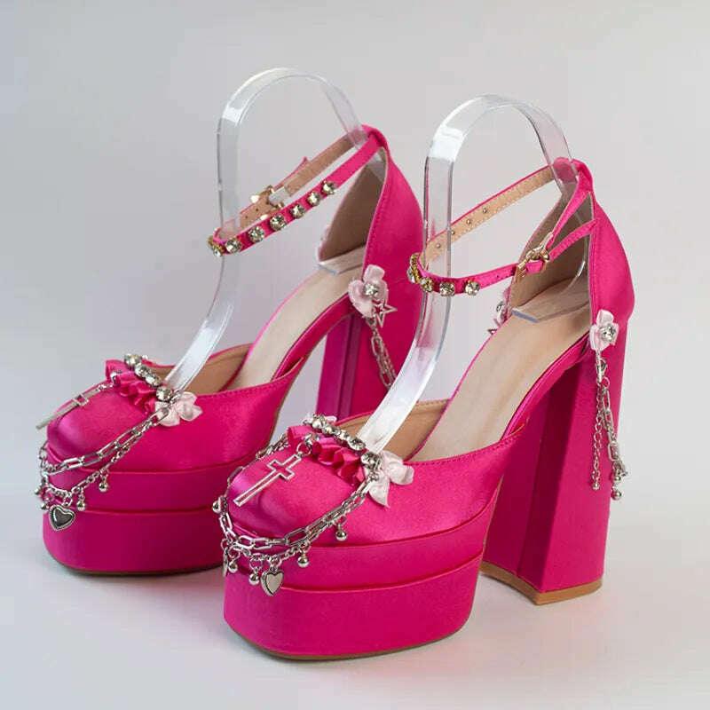 2022 Newest Metal Chain Purple Sandals 15cm High Heel Fashion Lolita Crystal Cross Lace Satin Princess Girls Shoes Size 35-42 - Image 8