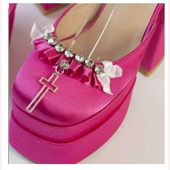 2022 Newest Metal Chain Purple Sandals 15cm High Heel Fashion Lolita Crystal Cross Lace Satin Princess Girls Shoes Size 35-42 - Image 9