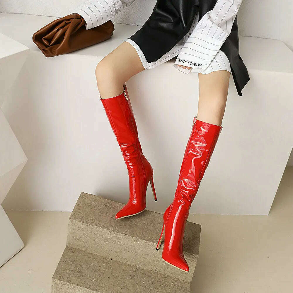 2023 Winter Women Knee High Modern Boots Patent Leather Big Size 34~46 Sexy Stiletto PU Party Shoes Botas De Invierno Para Mujer - Image 20