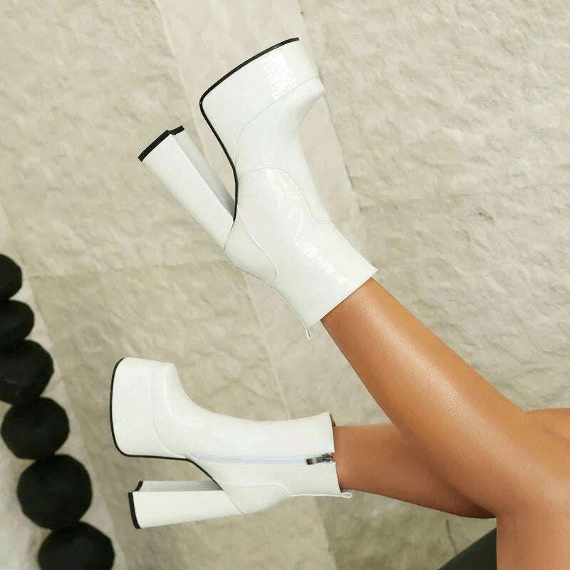 2024 Women Ankle Boots Platform Thick High Heel Ladies Short Boots PU Leather Square Toe Side Zipper Dress Women's Boots Big Siz - Image 3