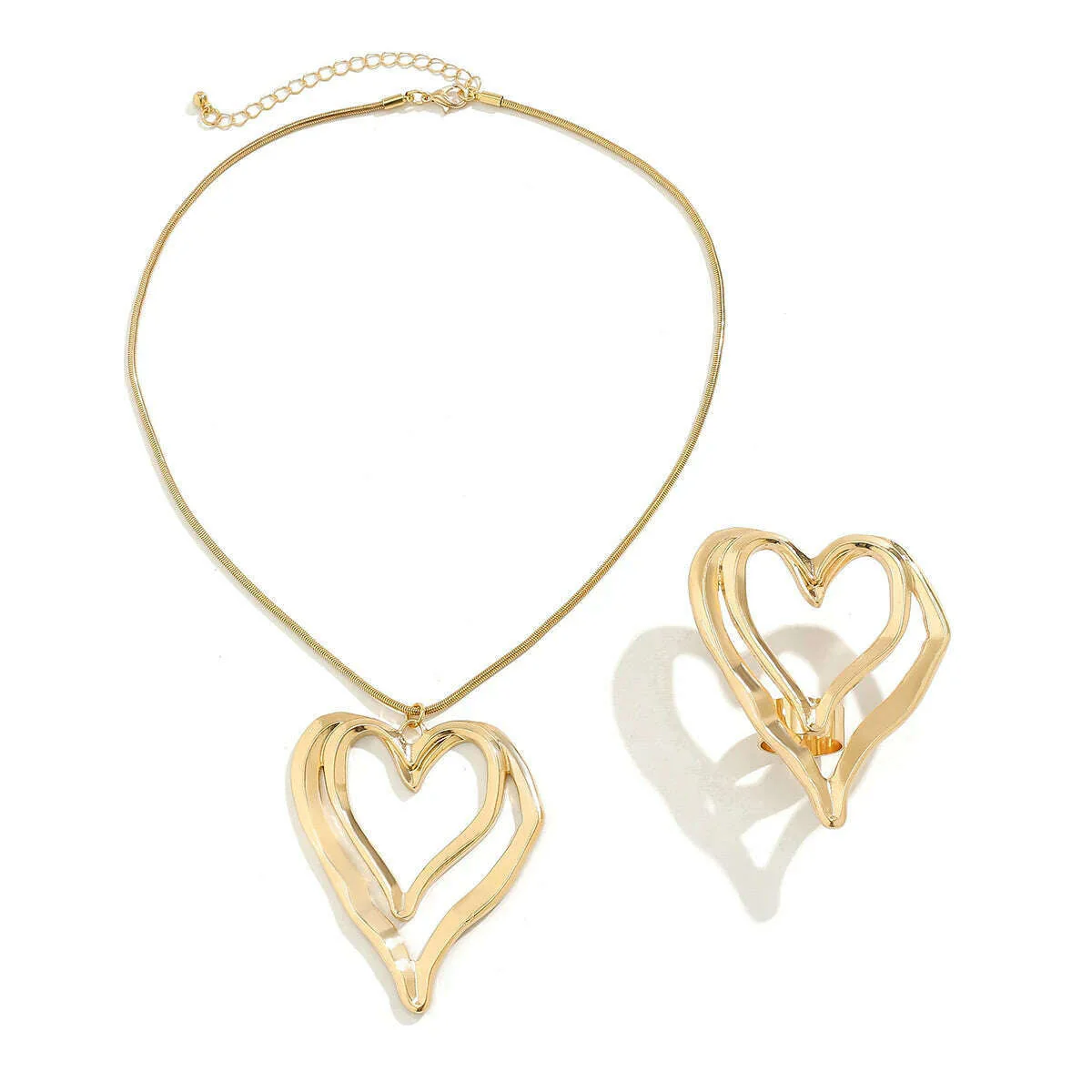 2Pcs Punk Vintage Big Hollow Love Heart Pendant Choker Necklace for Women Rose Flower Rings Wed Bridal Jewelry Set Steampunk New - Image 5