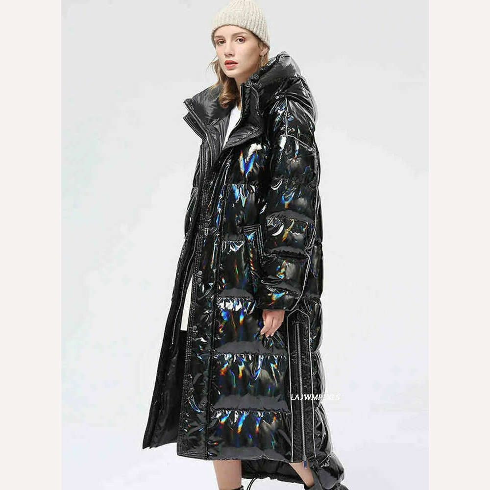 -30 degrees Waterproof Thick Winter Super Long Down Coat Women Puffer Jacket Shiny Laser 90% White Duck Down Jacket Hooded Parka - Image 3
