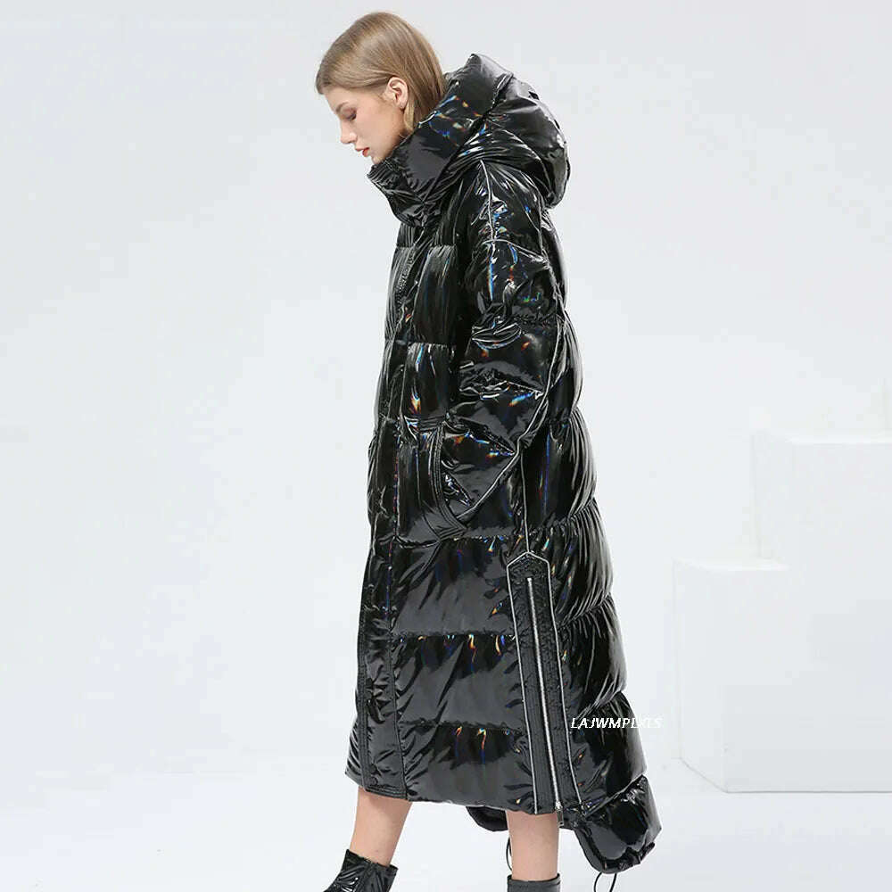 -30 degrees Waterproof Thick Winter Super Long Down Coat Women Puffer Jacket Shiny Laser 90% White Duck Down Jacket Hooded Parka - Image 4