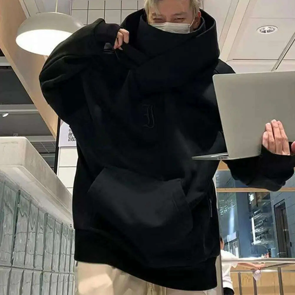 Autumn Winter High Collar Hoodie Pullover Loose Men Coat Tops Harajuku Hiphop Gothic Outwear Streetwear Fleece Hooded Sweatshirt - Image 3