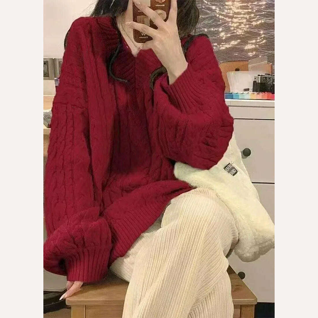 Autumn Winter Women Sweater Harajuku Oversized Long Sleeve V Neck Knitted Pullover Korean Loose Solid Preppy All Match Jumper - Image 19