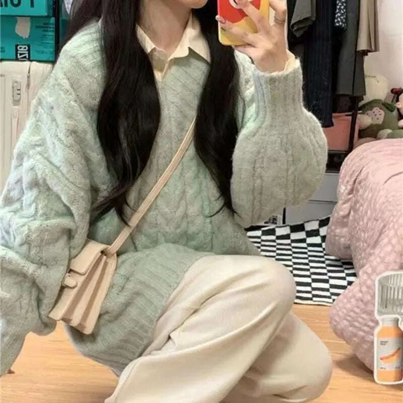 Autumn Winter Women Sweater Harajuku Oversized Long Sleeve V Neck Knitted Pullover Korean Loose Solid Preppy All Match Jumper - Image 21