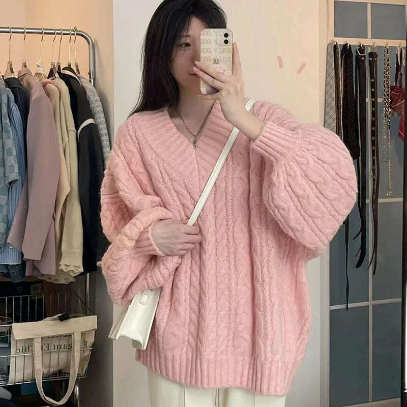 Autumn Winter Women Sweater Harajuku Oversized Long Sleeve V Neck Knitted Pullover Korean Loose Solid Preppy All Match Jumper - Image 3