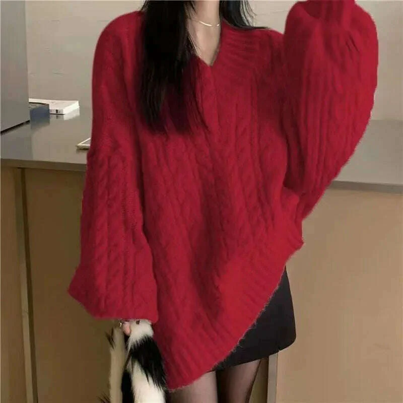 Autumn Winter Women Sweater Harajuku Oversized Long Sleeve V Neck Knitted Pullover Korean Loose Solid Preppy All Match Jumper - Image 4