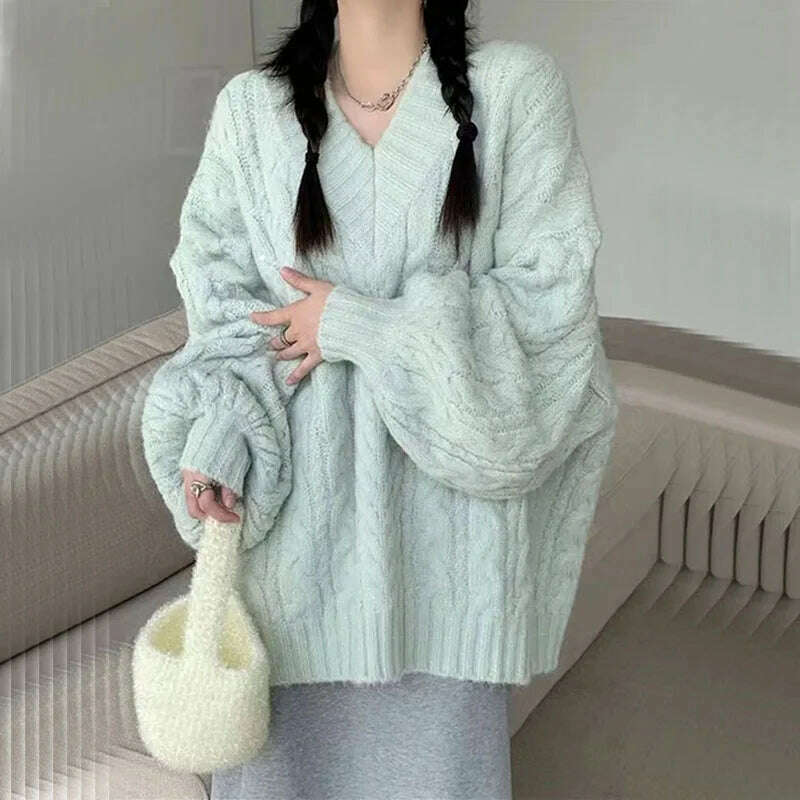 Autumn Winter Women Sweater Harajuku Oversized Long Sleeve V Neck Knitted Pullover Korean Loose Solid Preppy All Match Jumper - Image 5