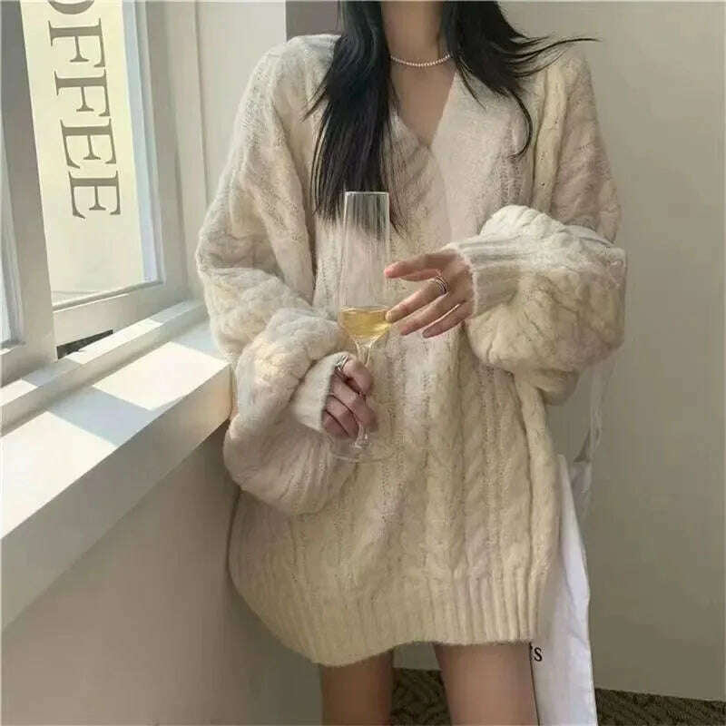 Autumn Winter Women Sweater Harajuku Oversized Long Sleeve V Neck Knitted Pullover Korean Loose Solid Preppy All Match Jumper - Image 8