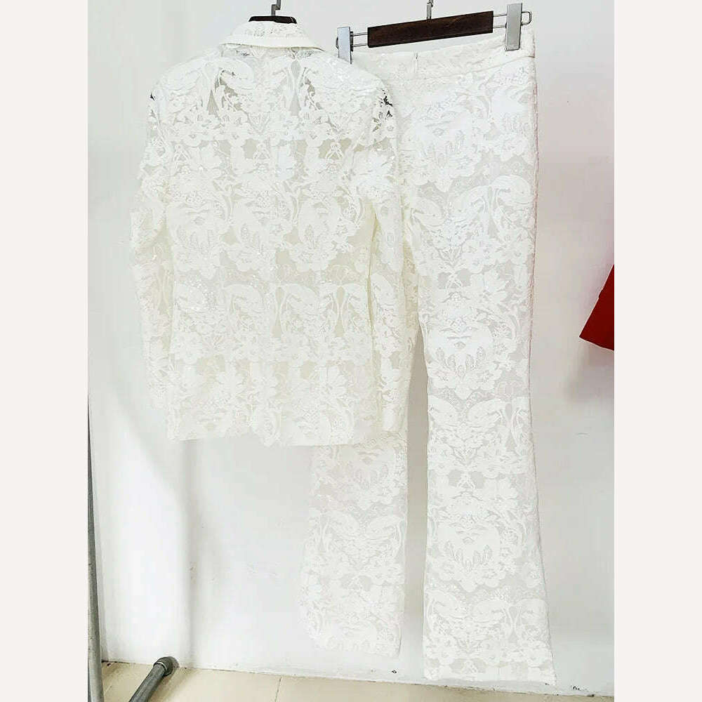 Black Lace Mesh Embroidered Sequin Pant Sets White New Designer Sequins Blazer Pants Set 2Pieces Suits Pants Punk Suit Outfis - Image 3