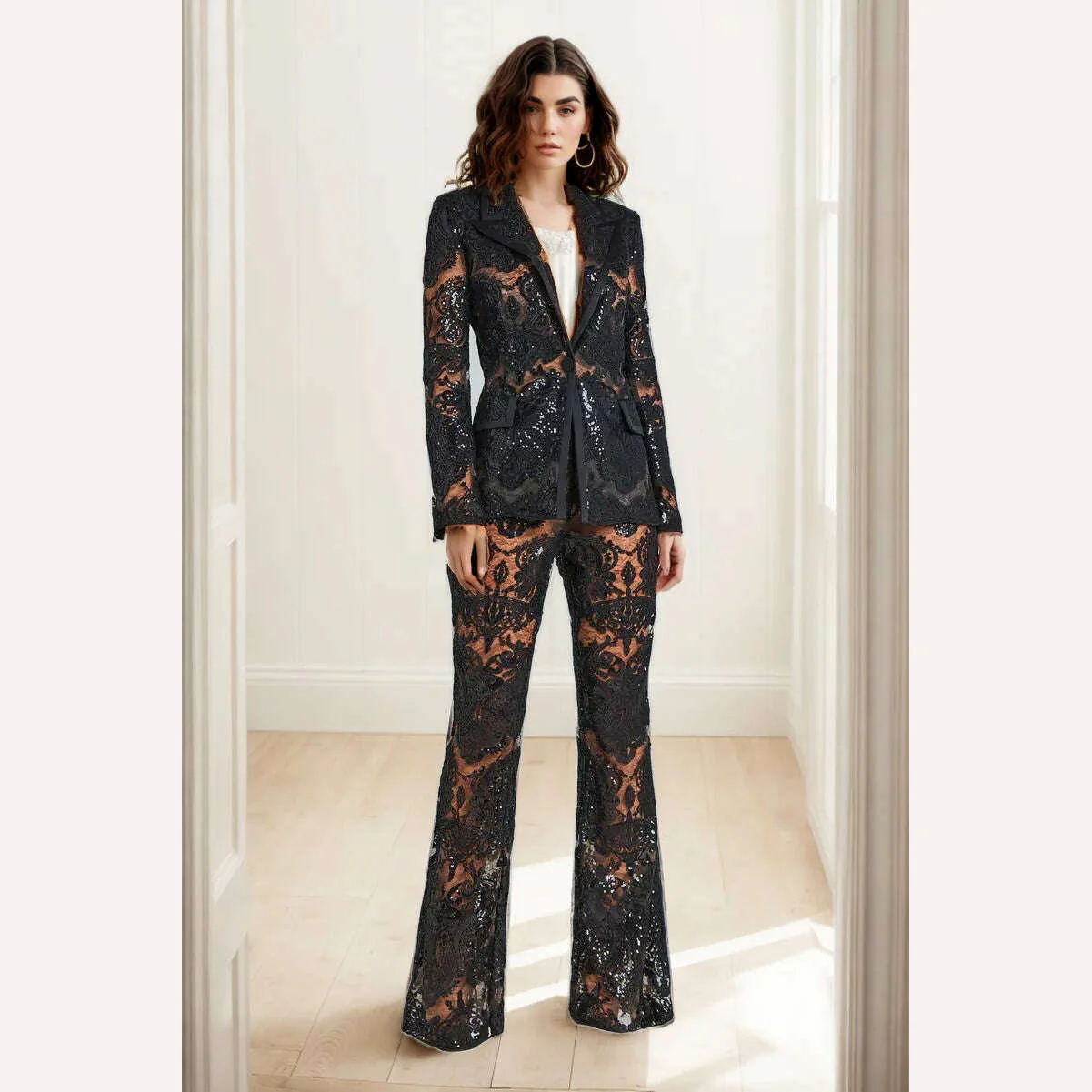 Black Lace Mesh Embroidered Sequin Pant Sets White New Designer Sequins Blazer Pants Set 2Pieces Suits Pants Punk Suit Outfis - Image 4
