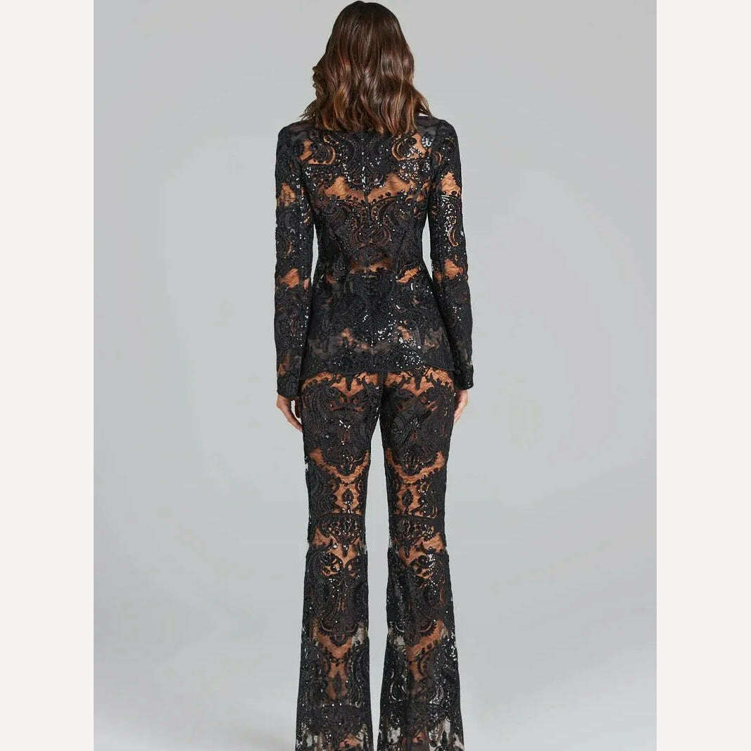 Black Lace Mesh Embroidered Sequin Pant Sets White New Designer Sequins Blazer Pants Set 2Pieces Suits Pants Punk Suit Outfis - Image 5