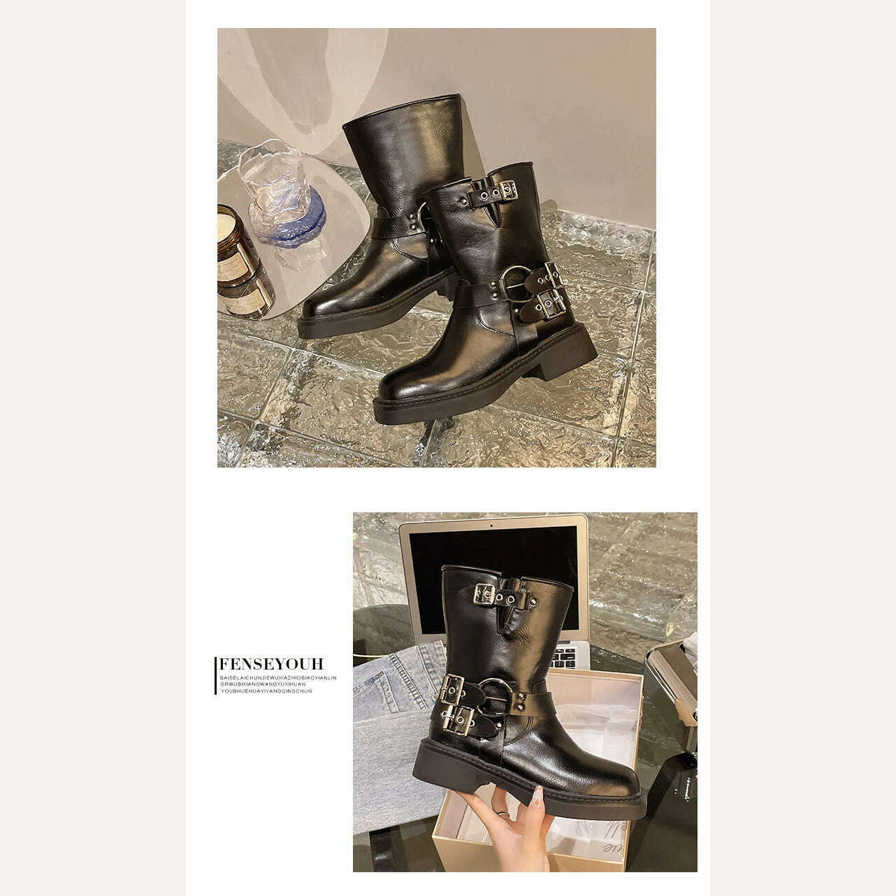 Boots Women Rivet Platform Short Leather Boots Low-heel Black Designer Belt Buckle New Rock Shoes Cowboy Style Punk Booties - Image 12