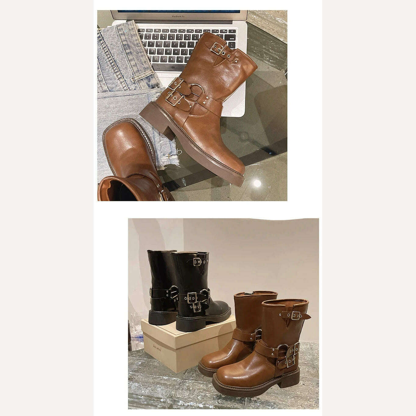 Boots Women Rivet Platform Short Leather Boots Low-heel Black Designer Belt Buckle New Rock Shoes Cowboy Style Punk Booties - Image 13