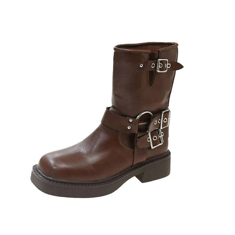 Boots Women Rivet Platform Short Leather Boots Low-heel Black Designer Belt Buckle New Rock Shoes Cowboy Style Punk Booties - Image 3