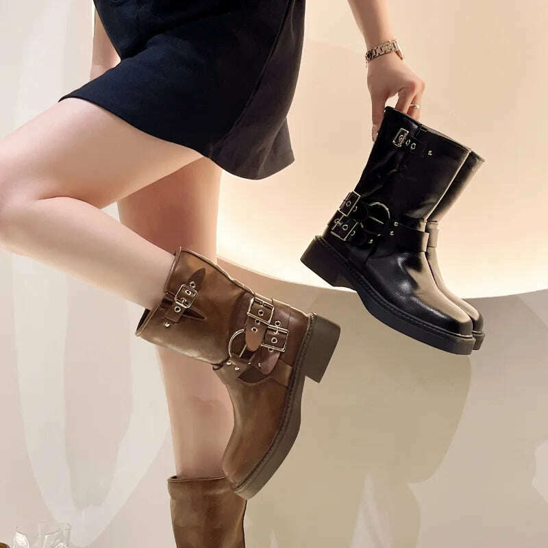 Boots Women Rivet Platform Short Leather Boots Low-heel Black Designer Belt Buckle New Rock Shoes Cowboy Style Punk Booties - Image 5