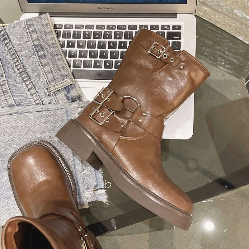 Boots Women Rivet Platform Short Leather Boots Low-heel Black Designer Belt Buckle New Rock Shoes Cowboy Style Punk Booties - Image 6