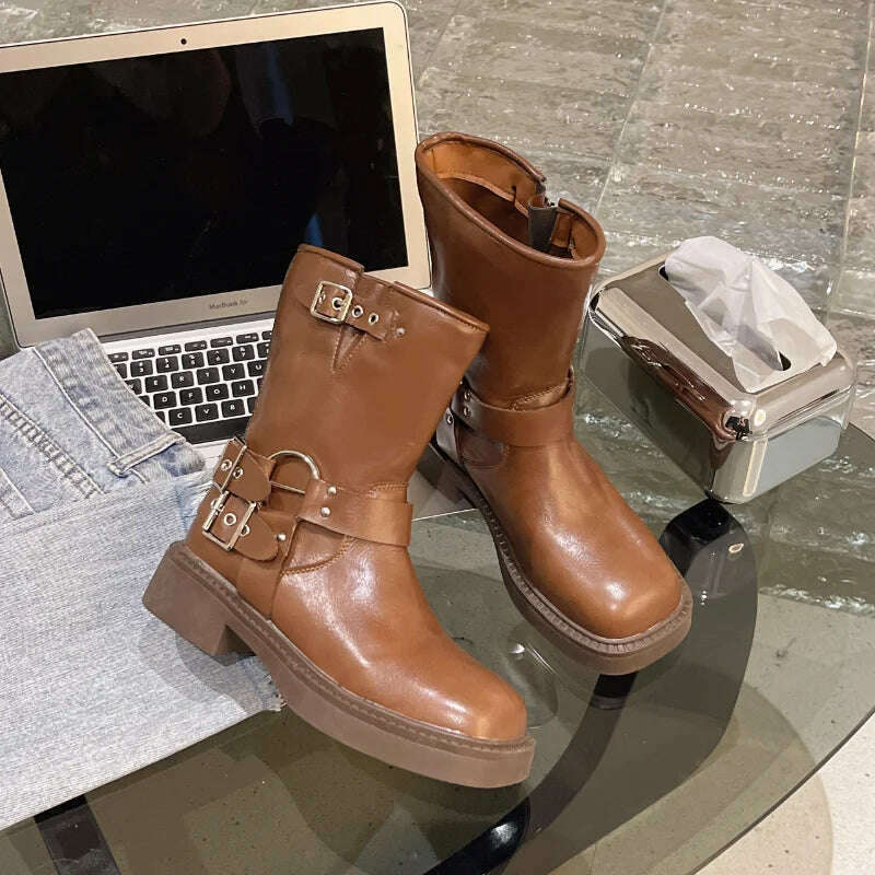 Boots Women Rivet Platform Short Leather Boots Low-heel Black Designer Belt Buckle New Rock Shoes Cowboy Style Punk Booties - Image 7