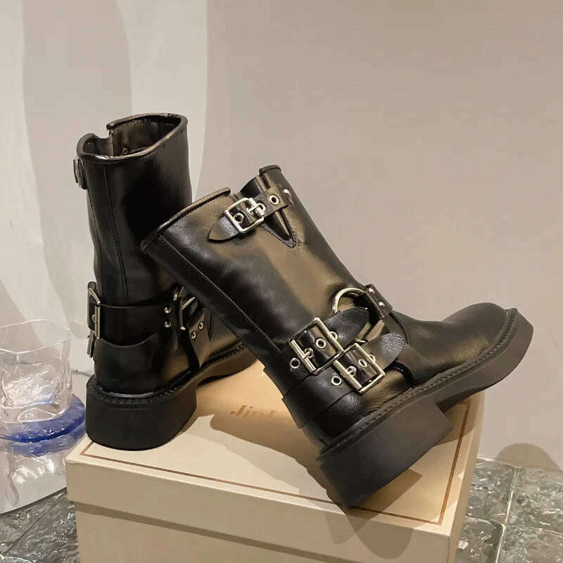 Boots Women Rivet Platform Short Leather Boots Low-heel Black Designer Belt Buckle New Rock Shoes Cowboy Style Punk Booties - Image 8