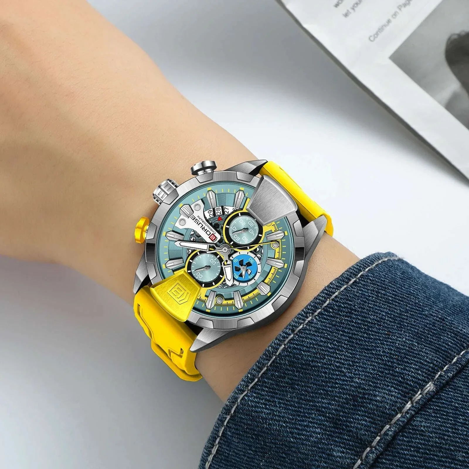 BORUSE Yellow Watches for Men Business Chronograph  Silicone Waterproof Quartz Wristwatch Reloj Hombre - Image 6