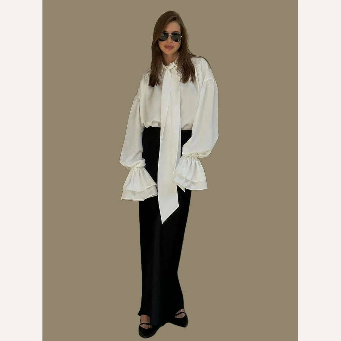 Clacive Casual Loose White Women'S Shirts 2024 Fashion Lapel Long Sleeve Office Blouses Elegant Lace-Up Ruffle Solid Top Female - Image 4
