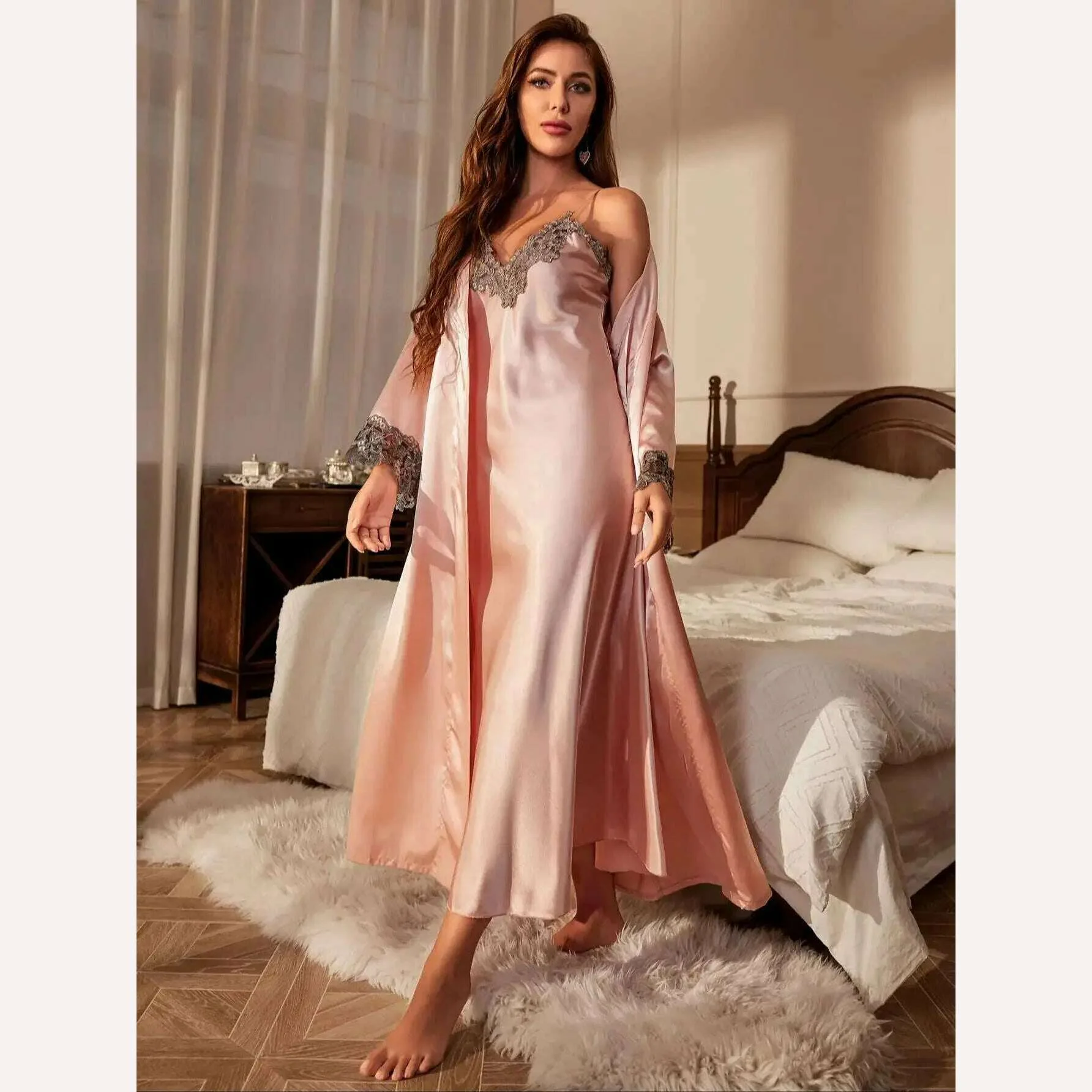Contrast Lace Pajama Set Long Sleeve Robe With Belt  V Neck Slip Dress Women's Sleepwear  Loungewear - Image 9