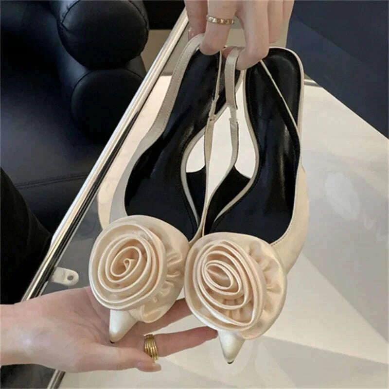 Eilyken Satin Slingback Women Pumps Sexy Design Flowers Pointed Toe Thin High Heels Banquet Wedding Mule Ladies Shoes - Image 4