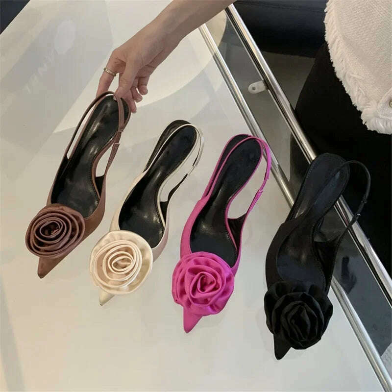 Eilyken Satin Slingback Women Pumps Sexy Design Flowers Pointed Toe Thin High Heels Banquet Wedding Mule Ladies Shoes - Image 6
