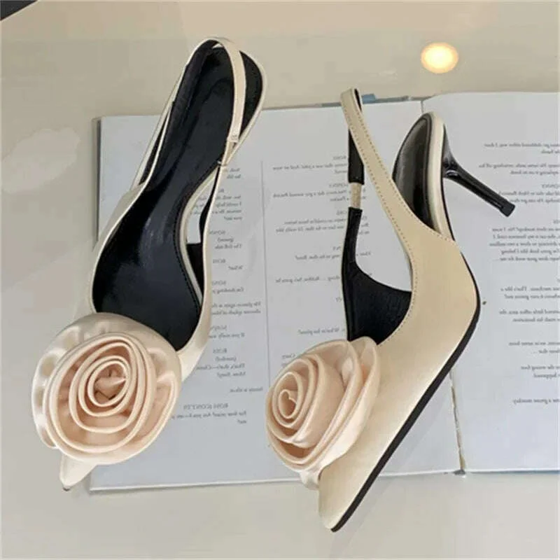 Eilyken Satin Slingback Women Pumps Sexy Design Flowers Pointed Toe Thin High Heels Banquet Wedding Mule Ladies Shoes - Image 8