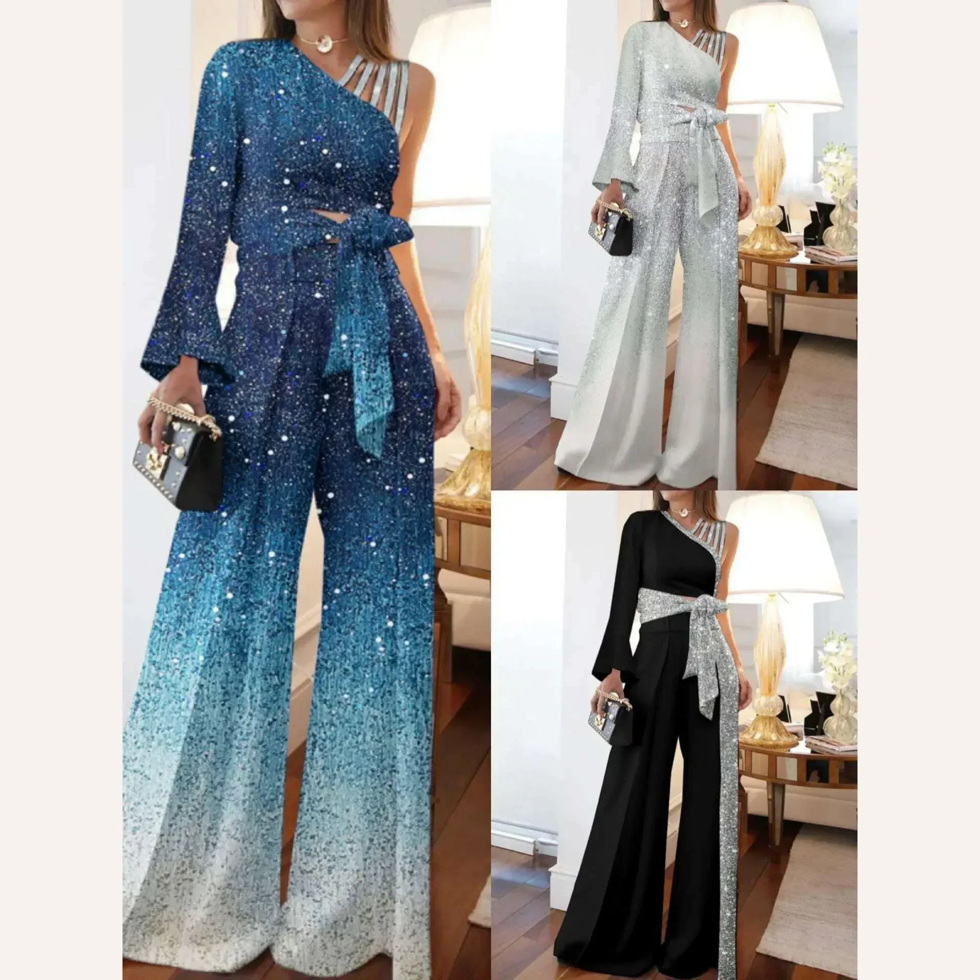 Elegant Women Jumpsuits Casual Long Sleeve One Shoulder Shiny Wide Leg Jumpsuit Lace Up Loose Wide Legs Romper High Streetwear - Image 3