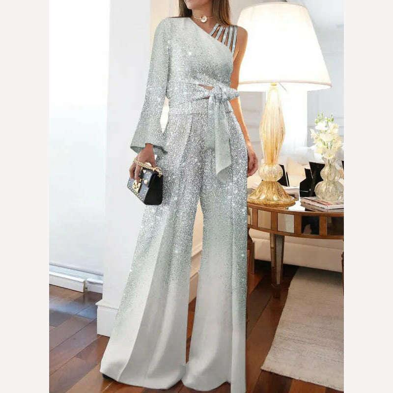 Elegant Women Jumpsuits Casual Long Sleeve One Shoulder Shiny Wide Leg Jumpsuit Lace Up Loose Wide Legs Romper High Streetwear - Image 4