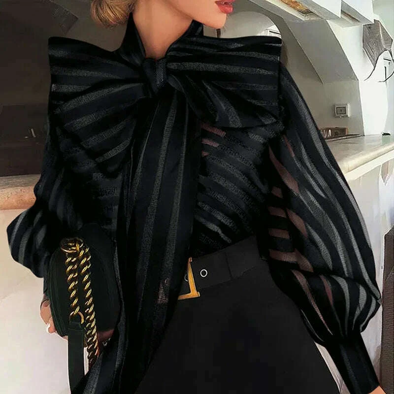 Europe Spring Womens Red Striped Organza Blouses Sexy Perspective Lace-up Bow Mesh Blusas Tops Lantern Sleeve Black Femme Shirt - Image 7