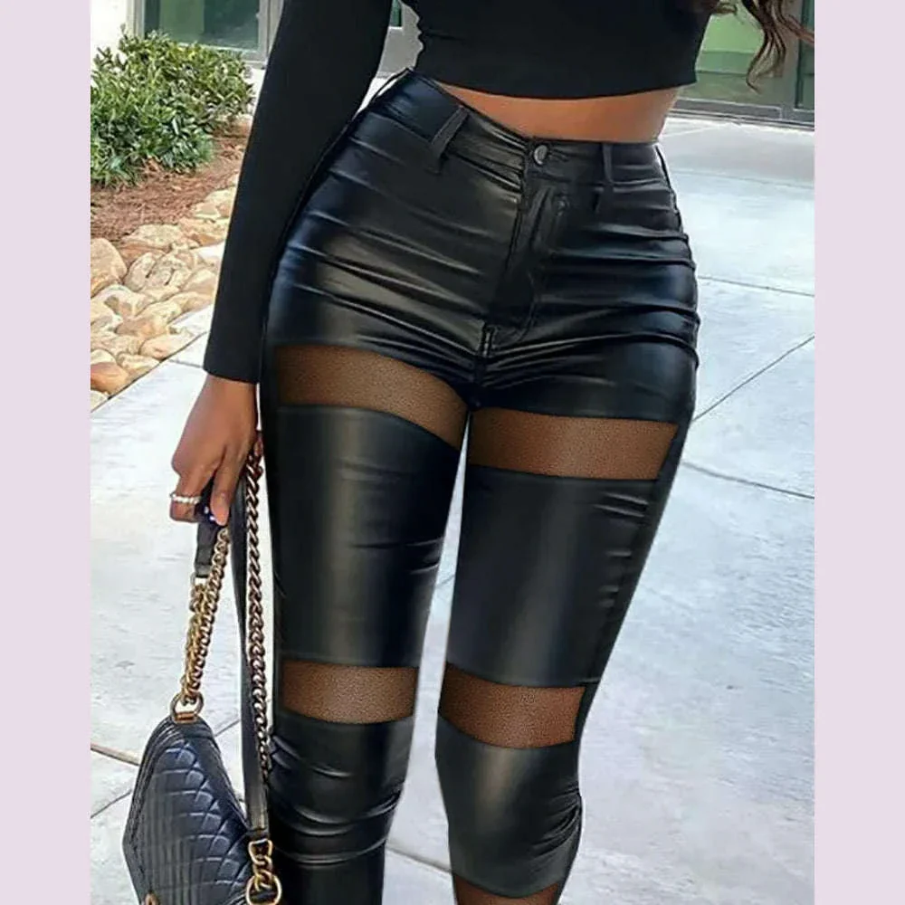 Fashion Spring Women Contrast Mesh PU Leather Skinny Pants 2022 Sexy Femme High Waist Buttoned Trousers Lady Club Clothing y2k - Image 9