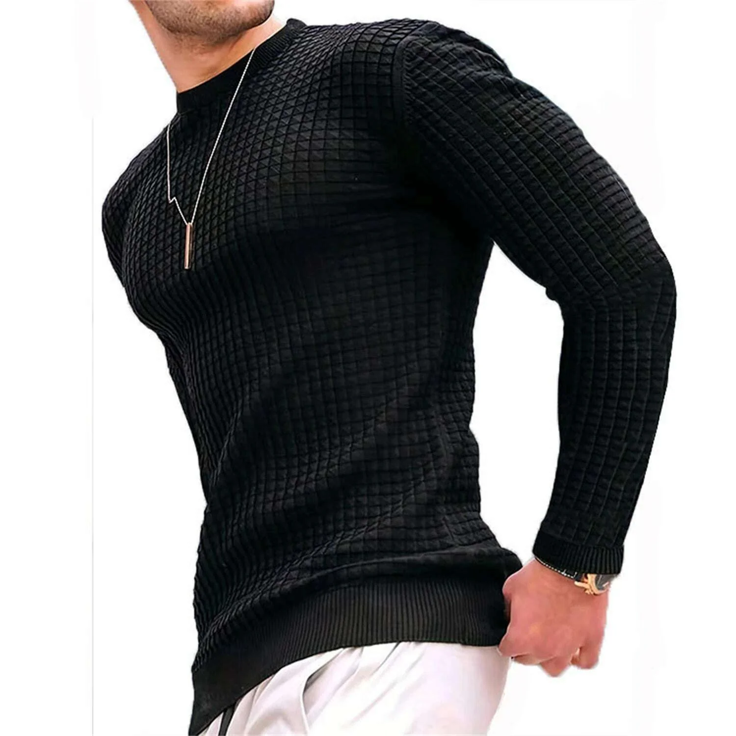 Fashionable Men's Hoodie with Small Check Waffle Round Neck Jacquard Coat Youth Casual Sweatshirt - Image 10