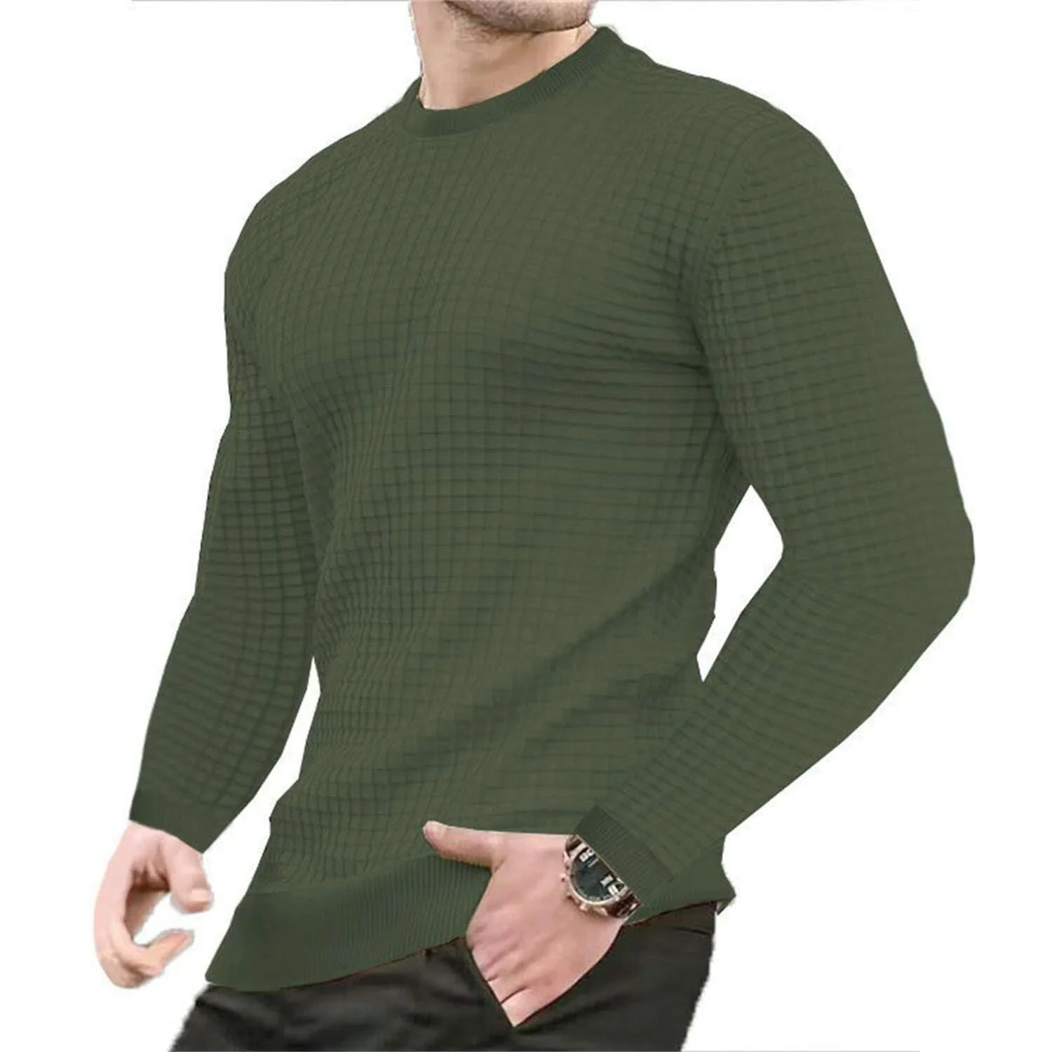 Fashionable Men's Hoodie with Small Check Waffle Round Neck Jacquard Coat Youth Casual Sweatshirt - Image 11