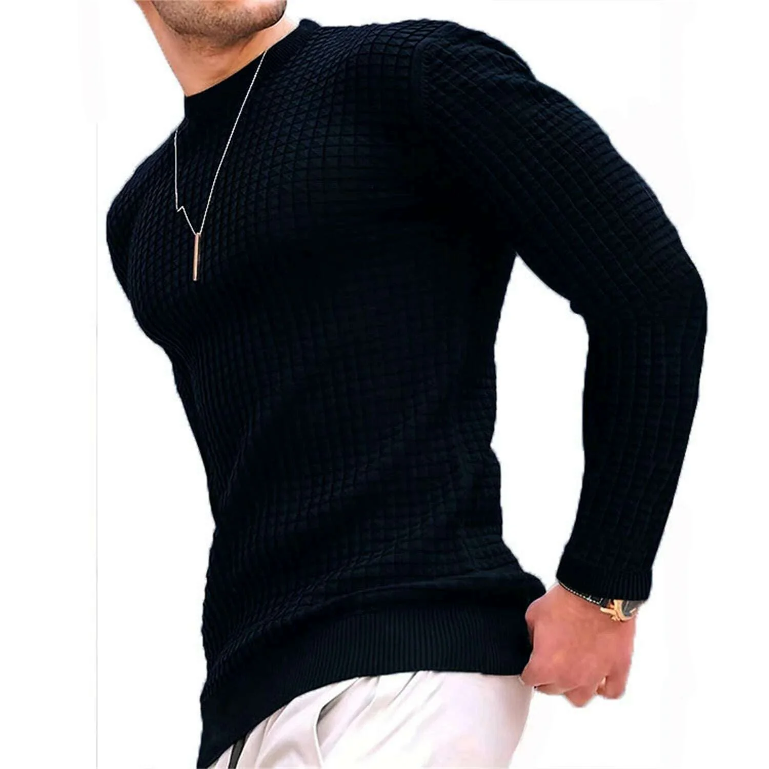 Fashionable Men's Hoodie with Small Check Waffle Round Neck Jacquard Coat Youth Casual Sweatshirt - Image 12