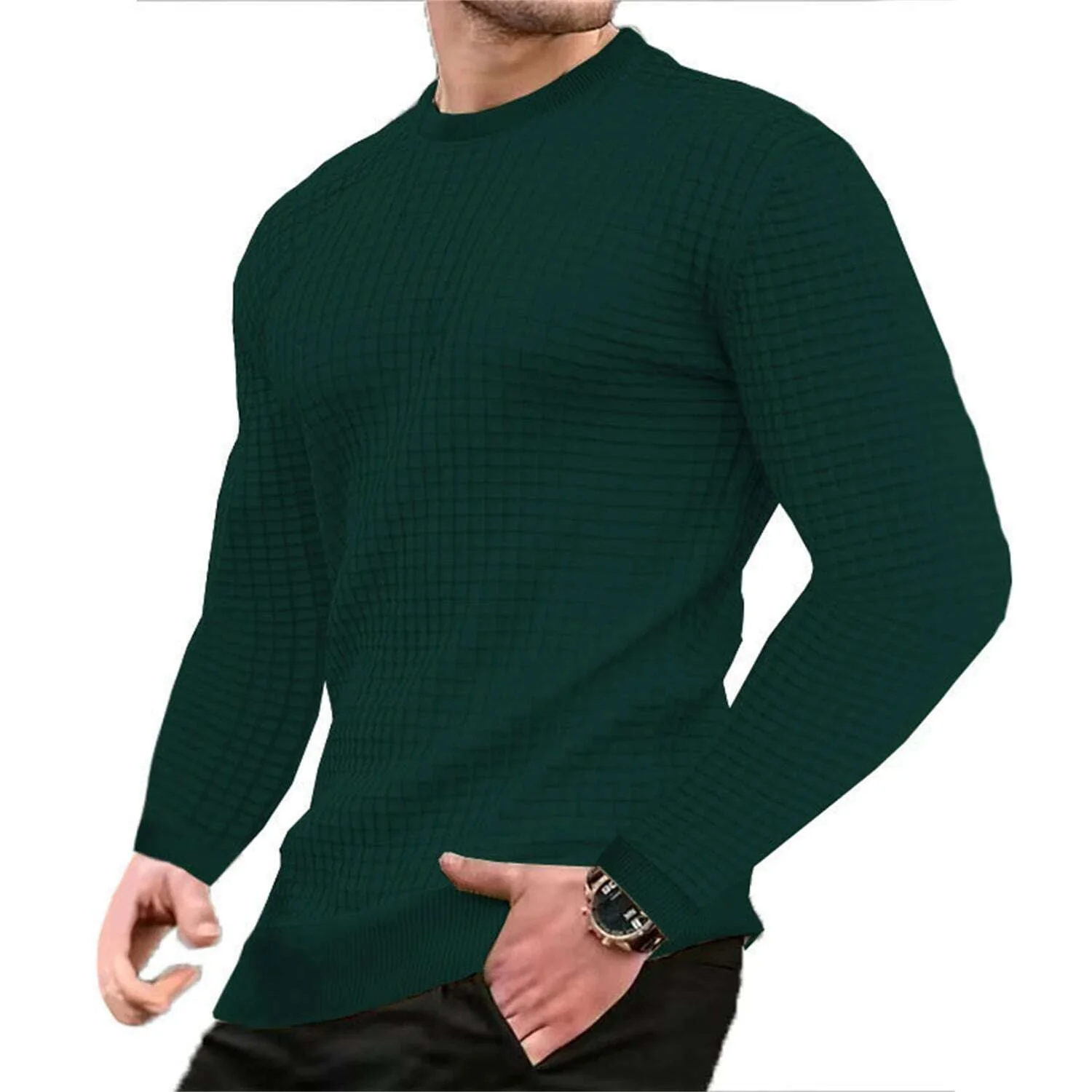 Fashionable Men's Hoodie with Small Check Waffle Round Neck Jacquard Coat Youth Casual Sweatshirt - Image 13