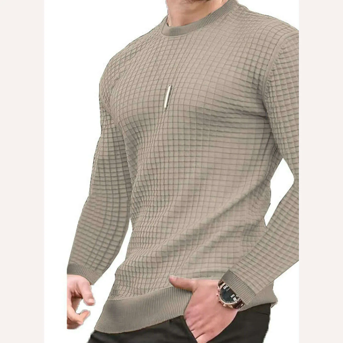 Fashionable Men's Hoodie with Small Check Waffle Round Neck Jacquard Coat Youth Casual Sweatshirt - Image 4