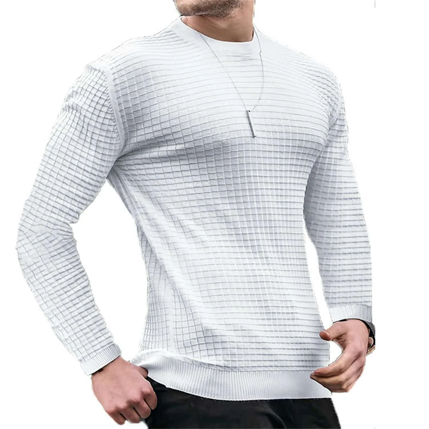 Fashionable Men's Hoodie with Small Check Waffle Round Neck Jacquard Coat Youth Casual Sweatshirt - Image 7