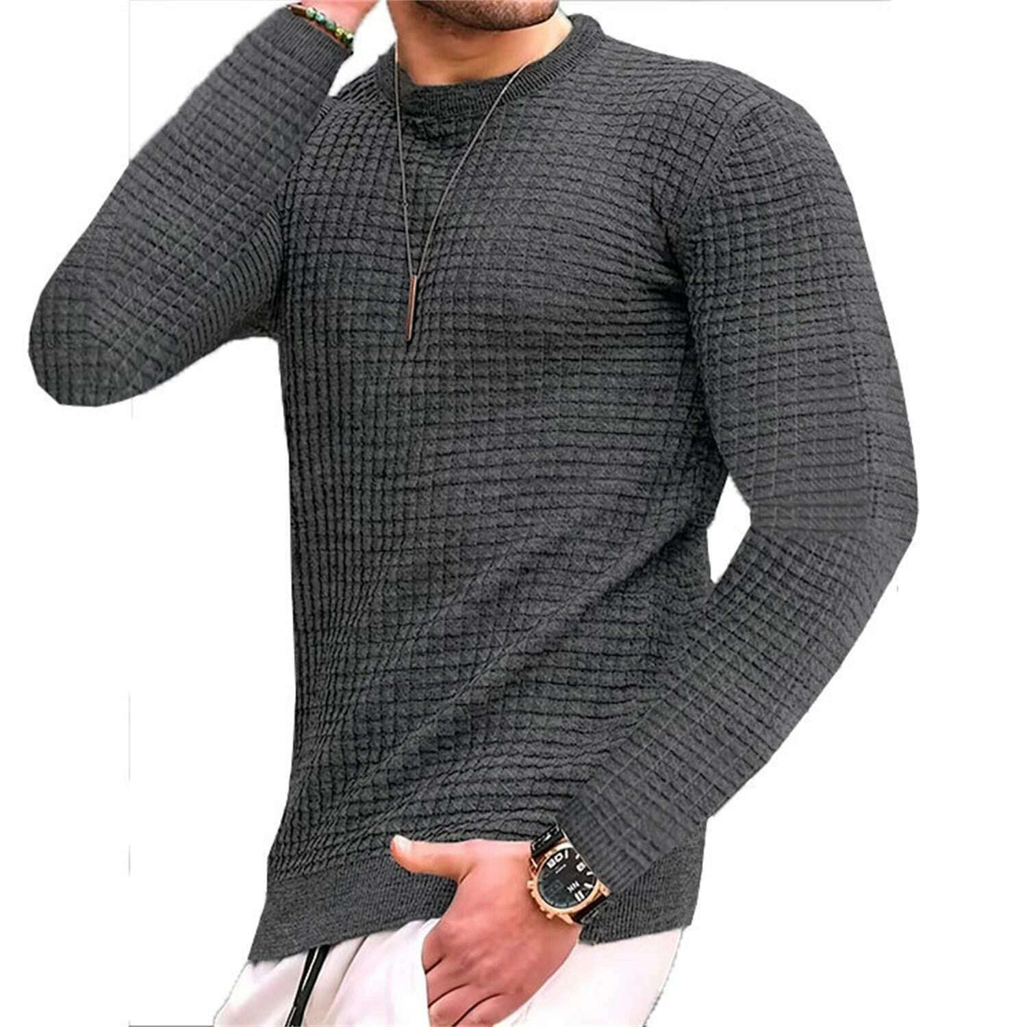 Fashionable Men's Hoodie with Small Check Waffle Round Neck Jacquard Coat Youth Casual Sweatshirt - Image 8