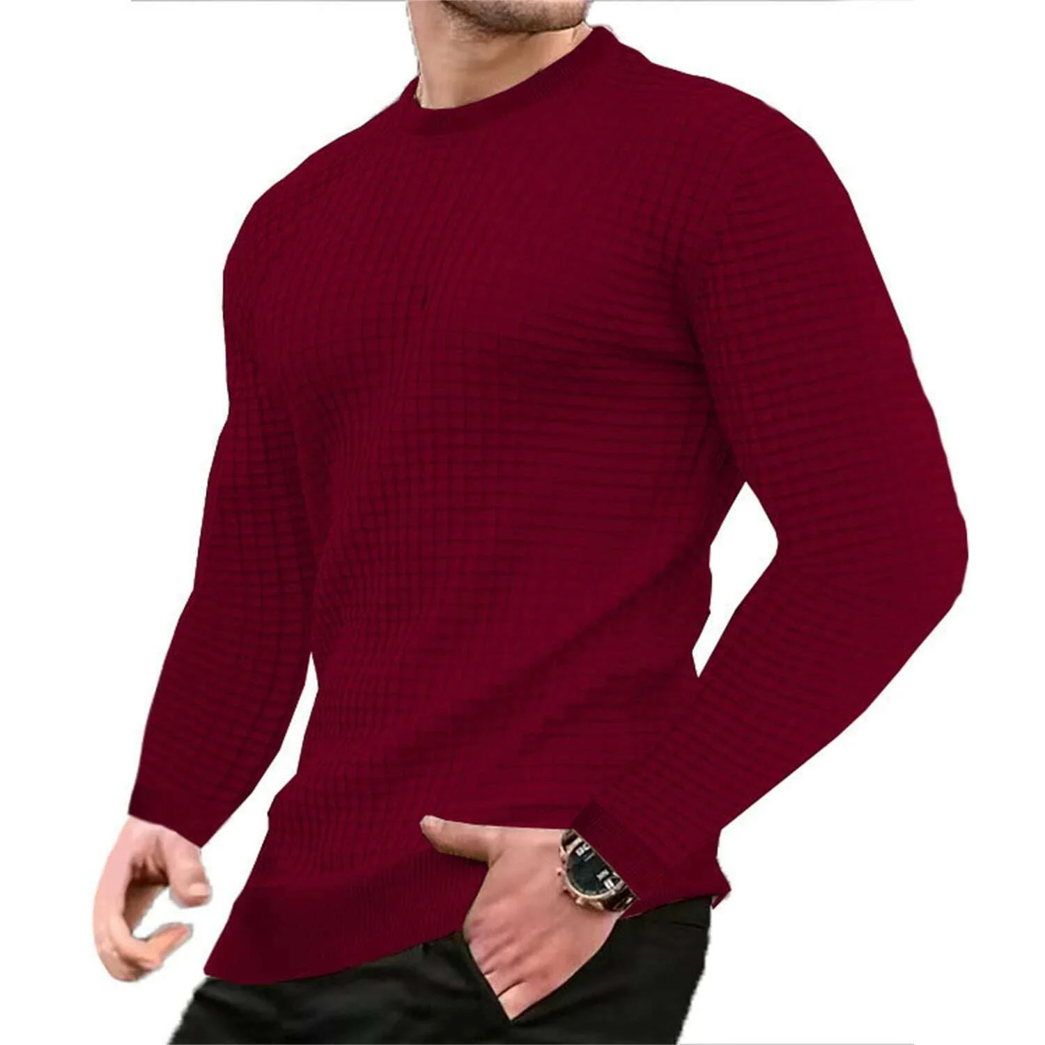 Fashionable Men's Hoodie with Small Check Waffle Round Neck Jacquard Coat Youth Casual Sweatshirt - Image 9