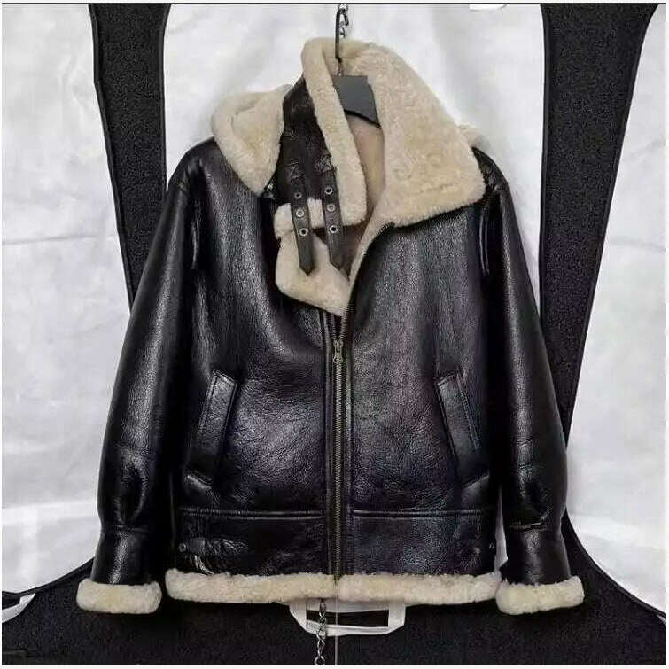 Free shipping.Men 100% real fur jacket with hat.quality winter warm genuine leather coat.sheepskin wool.Black shearling cloth - Image 4