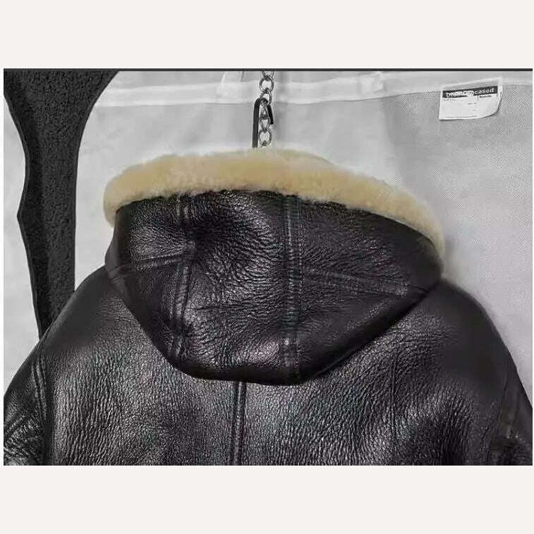 Free shipping.Men 100% real fur jacket with hat.quality winter warm genuine leather coat.sheepskin wool.Black shearling cloth - Image 5